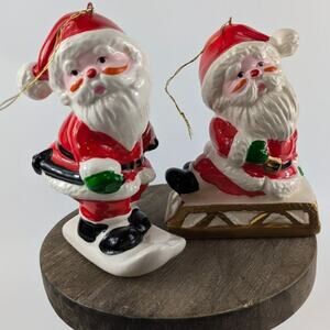 Vintage Santa Claus Christmas Ornaments Ceramic Taiwan Ski Sled Christmas Tree